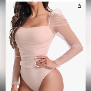 Women's Puff Sleeve Square Neck Mesh Ruched Bodysuit Tops medium blush pink